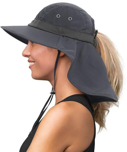 Creekstone Sonnenhut mit Nackenschutz Pferdeschwanz Loch, Breiter Krempe, UV-Schutz, Faltbar Wasserdicht Wanderhut Fischerhut, Damen und Herren (DE/NL/SE/PL, Alphanumerisch, Einheitsgröße, Dunkelgrau)