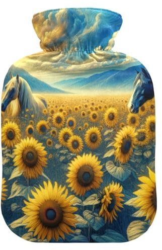 Sunflower Field with Horses Hot Water Bottles with Soft Cover Hand Feet Warmer Hot Water Bag for Neck, Shoulder and Menstrual Cramps, 2L
