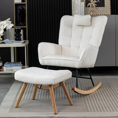 ModernLuxe Soft Rocking Chair with Footstool, Comfortable Nursing Chair with Armrests, Neck Pillow and Wide Backrest, Solid Wood Legs, Suitable for Relaxing in Living Room, Patio or Yard, White