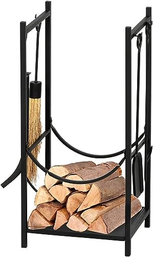 MYVVKIA Log Store Brennholzregal Schmiedeeisen Kaminholzregal Outdoor Schwarz 33 Zoll hoch quadratisch mit 4 Werkzeugen Holzlager