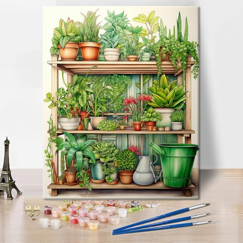 TISHIRON DIY Paint by Numbers Kit for Adults, Plants Shelves Paint by Numbers Kit, Flower Pot Adult Paint by Number Kits Canvas Arts Green Plant Crafts for Home Decor, 16x20 inch Without Frame