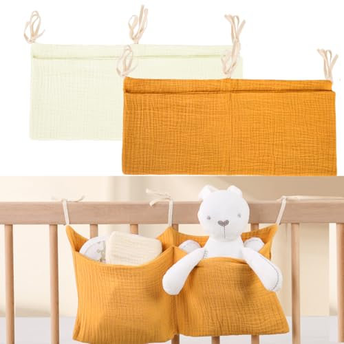 Ruayia Babybett Organizer Hängend 2 Stück, Babybett Zubehör Bett Organizer Kinder Wickeltisch Organizer Kinderzimmer Hängender Betttasche Spielzeugtasche Baby Windel Caddy Hängen Krippe - Gelb + Beige