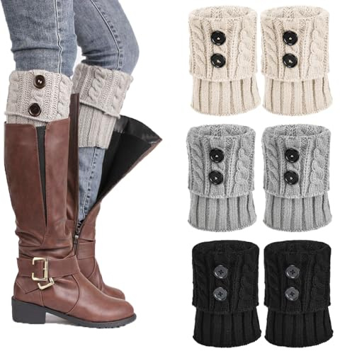 ATSNOSH 3 Paar Stulpen Damen Mädchen, Winter Beinwärmer, Kurze Beinwärmer, Boot Abdeckung, Stricken Kurze Knopf Leg Warmers, Weich Knöchelwärmer Bein Stulpen, Warm und Bequem