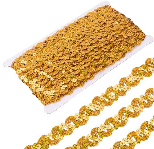 CABODYALS 11 m Goldener Paillettenbesatz Gewelltes Polyester Glitzerband Flach Rund Orange Bling Rollen Pailletten Metallische Streifen Paillettenbänder Zum Nähen Herstellen von Feiertagskostümen DIY