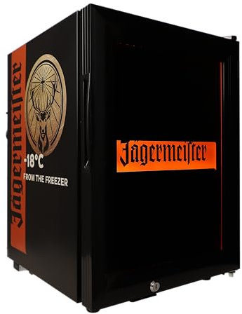 Jägermeister Mini Gefrierschrank – Mini Freezer mit LED-Beleuchtung für eiskalte Shots – 21L Tiefkühler für Hausbar & Gastronomie – 35 x 42 x 50 cm, 20 kg