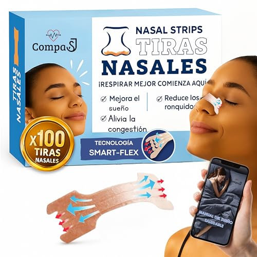 100 UDS - Tiras Nasales Antironquidos para Dormir, Alivia la Congestión Nasal, Breathe Right. Anti Ronquidos Nariz, Antirronquidos Para una Mejor Respiración al Dormir. Nasal strips - 66 x 19 mm