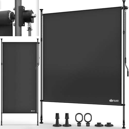 tillvex® Toldo vertical con pinza, 150 x 310 cm, antracita con manivela sin agujeros, protección visual extensible y opaca, toldo vertical para balcón, terraza, jardín, estor de protección visual