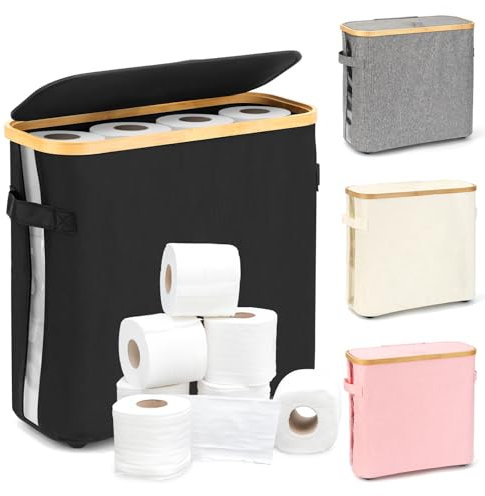 44L Toilettenpapier Aufbewahrungskorb, Toilet Paper Behälter mit Deckel, Badezimmer Aufbewahrungsbox, Bambus Toilettenpapierkorb mit Griff für Klopapierrolle (Schwarz)