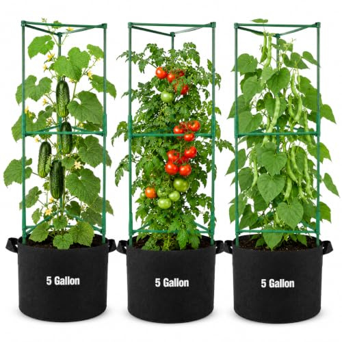 JQTOP Tomaten-Rankhilfe mit Pflanzsack, 160 cm höhenverstellbare Tomatenkäfige, 3er-Set mit je ca. 19 L, für Tomaten, Gurken und Kletterpflanzen