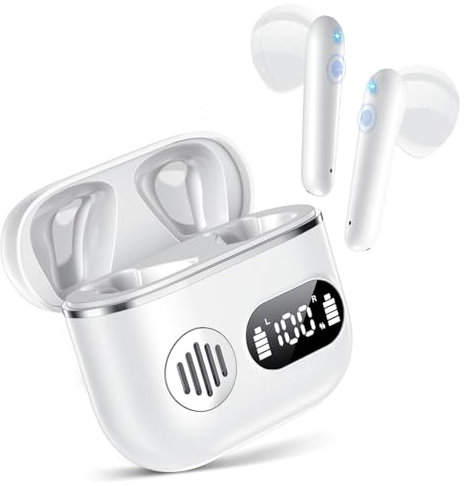 Mosyxe Sports Cuffie Bluetooth, Auricolari Bluetooth 5.3 Stereo Hi-Fi Cuffie Wireless con 4 HD Mics, 42 Ore di Riproduzione e LED Display, Wireless Earbuds con CVC Cancellazione Rumore, Bianco (2025)