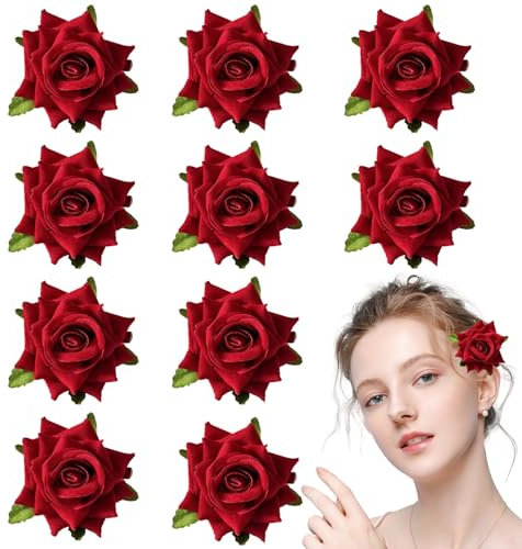 FILOEEX 10Pcs Rose Flower Hair Clip,Red Flower Hair Clips,Rose Brooch Floral Clips,Red Roses Hairpin,Flowers Hair Accessories for Women Girls Prom Party Beach Wedding Bridesmaid