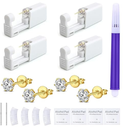 DePro 4 Stück Ohrlochstechpistole, Schmerzfrei-Selbst-Piercing-Werkzeug Einweg-Steril-Ohrnasen-Piercing-Set für Mädchen, Frauen, Männer (Gold)