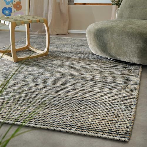 WECONhome Teppich Denim Feels – Handwebteppich aus Jute & recyceltem Denim – 6mm Florhöhe – Handgekettelte Kante – GoodWeave Zertifiziert – Natürlich & urban (80 x 150 cm, Denim blau)