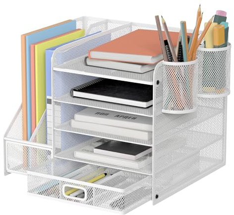 Youyijia 5-stufiger Mesh-Schreibtischorganizer mit Schublade - Aufbewahrungslösung für Büro- & Kunstbedarf, Dokumente, Stifte, Zeichenpapier & Zeitschriften, platzsparend (weiß)