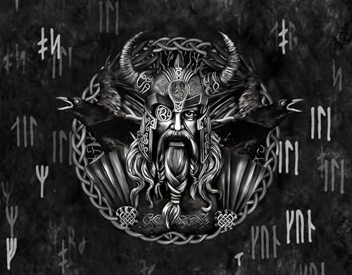Arsey Wandteppich – Wikinger Deko mit Odin und Raben, Runen Wandtuch, Ideal für Nordische Mythologie und Viking-Liebhaber, Tapestry Wandbehang 200 x 150, Schwarz
