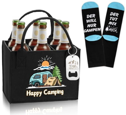 Camping Geschenke Set, 3 Stück Geschenk für Camper,Camping Deko enthalten Männerhandtasche für Bier, Lustige Socekn,Bieröffner mit Wohnwagen Muster,Wohnwagen Zubehör für Camper Liebhaber