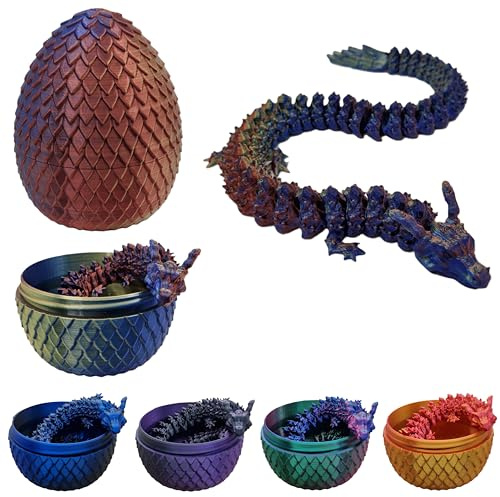 3D gedrucktes Drachenei mit Feuerdrache I Herstellung Deutschland I voll beweglicher Drache mit flexiblen Gelenken I ideal als Dekoration (blau/rot/gelb)