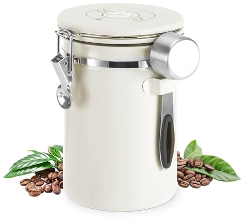 Royouzi Luftdichte Edelstahl Kaffeedose, Vakuum Kaffeedose | 1,8 L KaffeebohnenbehäLter Mit EdelstahllöFfel, für Tee NüSse Kakao LäNger Und Frisch Bleiben (Weiß)