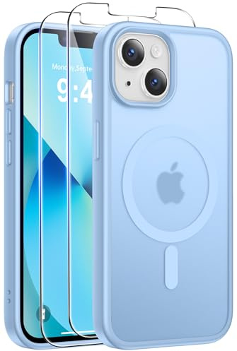 Qasyfanc für iPhone 13/iPhone 14 Hülle mit 2 Schutzfolie, Magnetisch Handyhülle Kompatibel mit MagSafe, Transluzente Matt Rückseite Kratzfest Schutzhülle für iPhone 13 Case Blau
