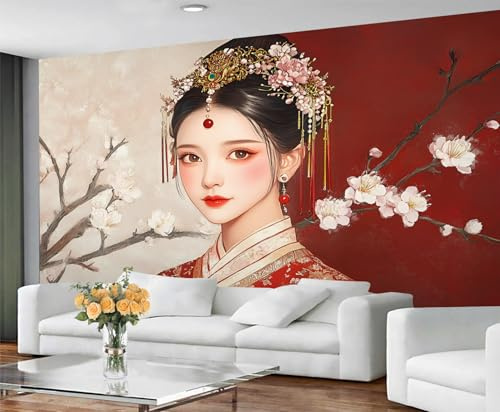 GIVLWF Papier peint et papier peint pour filles - Papier peint japonais rouge pour chambre à coucher - Papier peint en fleurs de cerisier pour salon, décoration d'intérieur - Non adhésif