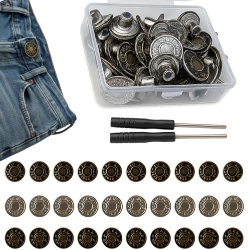 30 Stück Jeans Knopf Buttons Set, verstellbare Jeans Knöpfe ohne Nähen mit Schraubsystem, Ersatz Knöpfe zum Schrauben für Hosenbund und Röcke, abnehmbare Hosenknopf Lösung mit Werkzeug und Aufbewahrun