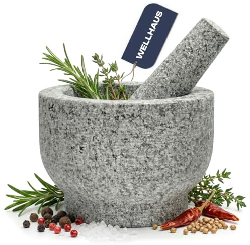 Wellhaus Mortier avec pilon - Granit XXL en pierre naturelle, grand broyeur d'épices pour herbes, noix et ail, récipient en pierre massive, version lourde, accessoires de cuisine (Gris)