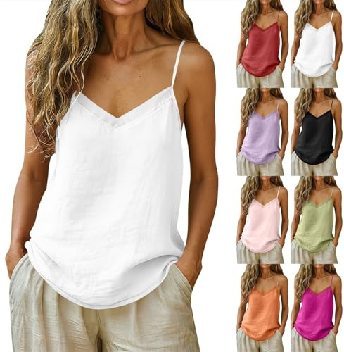 Générique Debardeur Femme Coton Débardeur Lin Basic Caraco Chic et Élégant Camisole Réglables Bretelles Haut Sexy Tank Tops Basique Spaghetti Gilets sans Manches Tops Casual Été Vêtements 01 Blanc XL