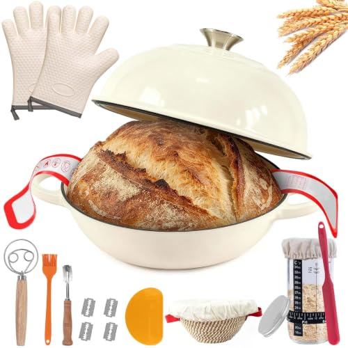 Gusseisen Topf Brot Backen, Brotbacktopf mit Gärkorb & Handschuhe | Emaille Dutch Oven 25cm für Sauerteig Brot, Bräter Schmortopf für Backen Schmoren & Braten