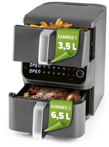 GOURMETmaxx FryUp Doppelkammer Heißluftfritteuse MultiSize - 10 L | Vertikaler Airfryer mit 2 Kammern: 3,5 L + 6,5 L | Heissluftfritteuse XL mit 10 Programmen & LED-Touchdisplay [Grau]