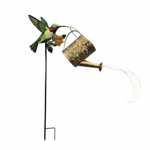 Fonowx Outdoor Hanging Lamp Solar Watering Can Stake Lantern Hummingbird Motif Metal Wrought Iron Day Charging Night Lighting Suitable for patios Garden Corners lawns
