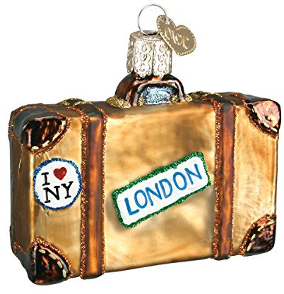 Old World Christmas Cities, Places and Landmarks Glass Blown Ornaments for Christmas Tree Suitcase, Brown
