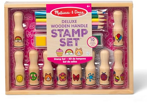 Melissa & Doug Deluxe Holzstempel Set – 10 leicht zu greifende Holzstempel, 6 Stempelfarben und 5 Buntstifte inspirieren Kreativität, für Kinder ab 3 Jahren