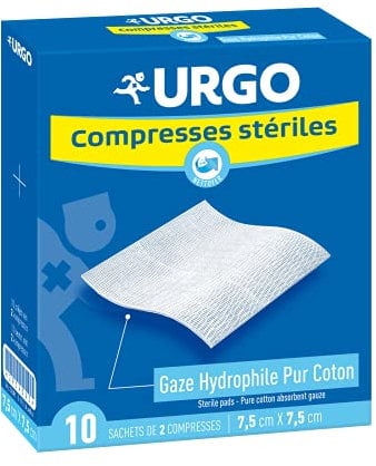 Urgo - Sterile Gaskompressen – Absorption – Box mit 10 Beuteln mit je 2 Kompressen – 7,5 cm x 7,5 cm