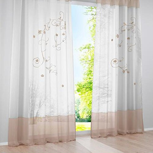 SIMPVALE Vorhänge mit Blumen Muster, Schlaufenschal 2er Set, Stickerei Voile Vorhang Transparent, Stores Gardine für Wohnzimmer, Balkon Schlafzimmer, Weiß mit Khaki,Breite 140 Höhe 225 pro Stück