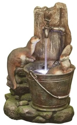 Easy Fountain Playful Otters Water Feature – Mains Powered, No Plumbing, Outdoor Garden Fountain with Recirculating Pump, Polyresin, Patio & Garden
