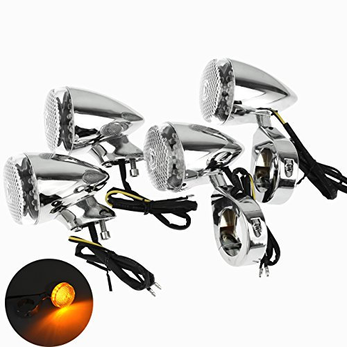 HDBUBALUS moto 39 MM ajustement fourche pince avant arrière LED clignotant indicateur lampe adapté pour Harley Sportster Dyna Bobber Chrome + blanc 4 pièces