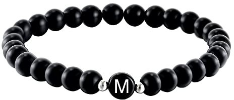 Kim Johanson Partner Perlenarmband mit Buchstabe aus Onyx Stein für Pärchen I Naturstein Freundschaftsarmband in Schwarz I Geschenk für Paare mit Gravur I Für Frauen und Männer inkl. Schmuckbeutel (M)