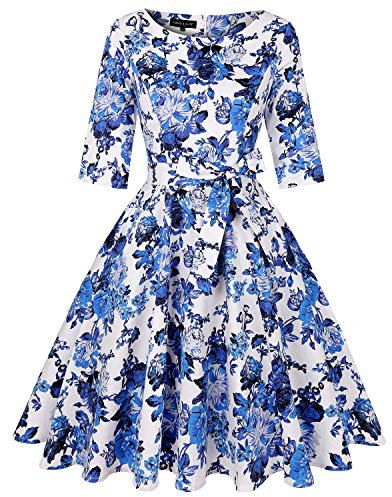 MINTLIMIT Women's Vintage Full Circle Half Sleeve Big Swing A-Line Dress with Belt and Pockets(Floral White and Blue,Size XL)