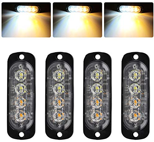 yifengshun 4pcs 12-24V Ultra Sottile Lampeggiante Emergenza Avvertimento Strobo Luci Luce - 4LEDS Flash Warning Light Bar - Auto Moto Truck-Ambra e Bianco