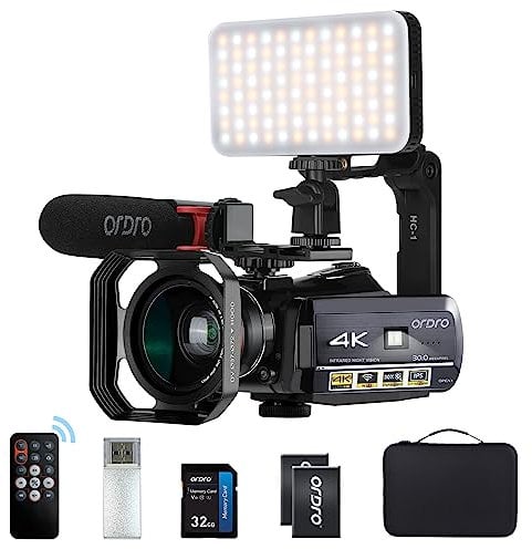 ORDRO AC3 4K Videocámara Cámara de Video FHD 1080P 60FPS Videocámara de Youtube Vlogging Visión Nocturna IR con Mic, luz LED, Tarjeta SD 32G