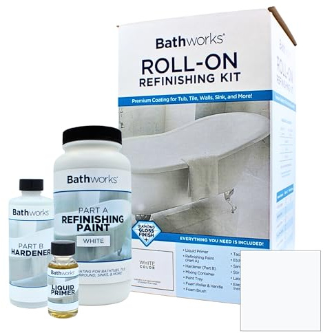 Bathworks Roll-On Refinishing Kit - 22 fl oz, High Gloss White, Professional-Grade DIY Coating with Tools Included - Durable Non-Yellowing Finish for Bathtubs, Tile, Sinks & Showers