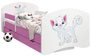 Happy Babies -LIT D'ENFANT ROSE DOUBLE FACE AVEC TIROIR Design Moderne Avec Bords Sécurisés et Matelas en Mousse Antichute 7 cm (12. Chatons, 160x80)