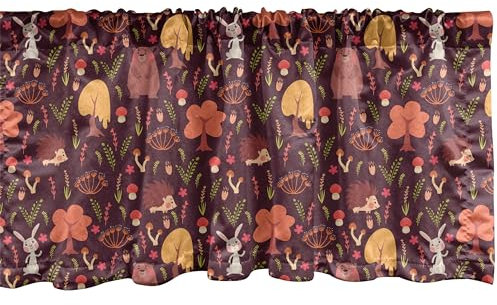 ABAKUHAUS Herbst Fenster Volant, Bär Igel Kaninchen-Entwurf, Vorhang Volant für Küche Schlafzimmer Dekor mit Stangentasche, 137 cm X 30 cm, Maroon und Multicolor