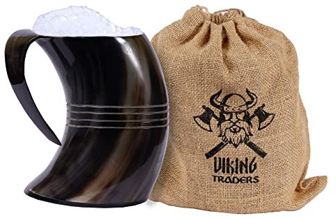 Viking Traders Original mittelalterliche schwarze Wikinger-Trinkhorn-Tasse, einzigartig handgefertigt aus echtem Horn mit lebensmittelechter Beschichtung und poliert für Bier, Ale, Wein, Met und