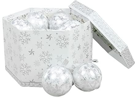 The Christmas Workshop Set of 14 Christmas Baubles/Various Festive Designs/Gift Boxed Christmas Tree Decorations / 7.5cm Diameter Baubles (White & Silver Snowflake)