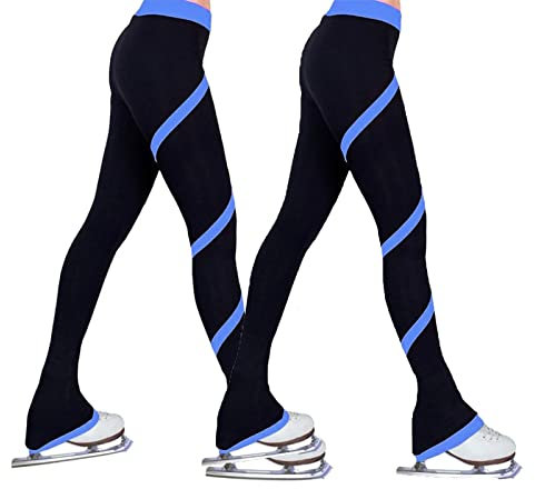 UIHECTA Eiskunstlaufhose, Trainingshose zum Eislaufen für Eiskunstlauf, Lange Hosen mit Streifen in Spiralform für Eislaufen für Jungen und Mädchen,2pcsblue,M