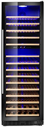 HENDI Cave à vin, à double zone, réfrigérateur à vin, pour 160 bouteilles, 15 étagères en bois de hêtre coulissantes, 5-22˚C, éclairage LED, 230V, 150W, 595x730x(H)1784mm, inox, noir