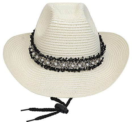 NiceYnn Sombrero de vaquero de paja de ala ancha con correa para la barbilla, traje unisex Trilby Panama Fedora Sun Cowgirl Gorros, gorra plegable UPF50+, #C Beige, Taille unique