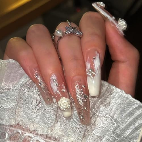 Brishow Künstliche Nägel Rose kurze Nägel zum Aufkleben Glitzer Press on Nails mit Perlen Ballerina Acryl Falsche Nägel 24 Stück für Frauen und Mädchen (A)
