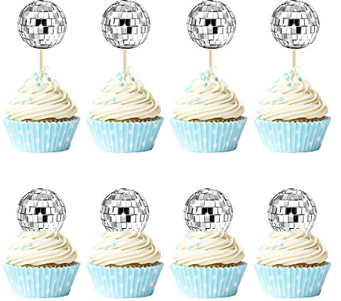 Gyufise 24Pcs Disco Ball Cake Toppers - Silver Metallic - 70s Disco Theme - Birthday, Wedding, Baby Shower